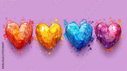  a group of three hearts sitting next to each other on top of a purple surface with splots of paint on the sides of the hearts and the sides of them.