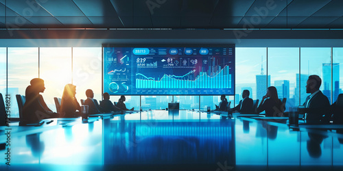modern corporate boardroom with a large digital screen displaying colorful, intricate graphs and charts representing quarterly financial results, sunlight streaming through large windows photo
