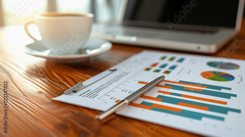 printed quarterly report on a polished mahogany desk, vivid charts and graphs in high detail, a silver pen, and a cup of steaming coffee beside it, in a well-lit office setting