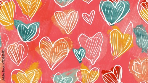  a bunch of hearts painted on a red background with blue, yellow, orange, and pink colors and a white outline on the left side of the heart is in the middle of the image.
