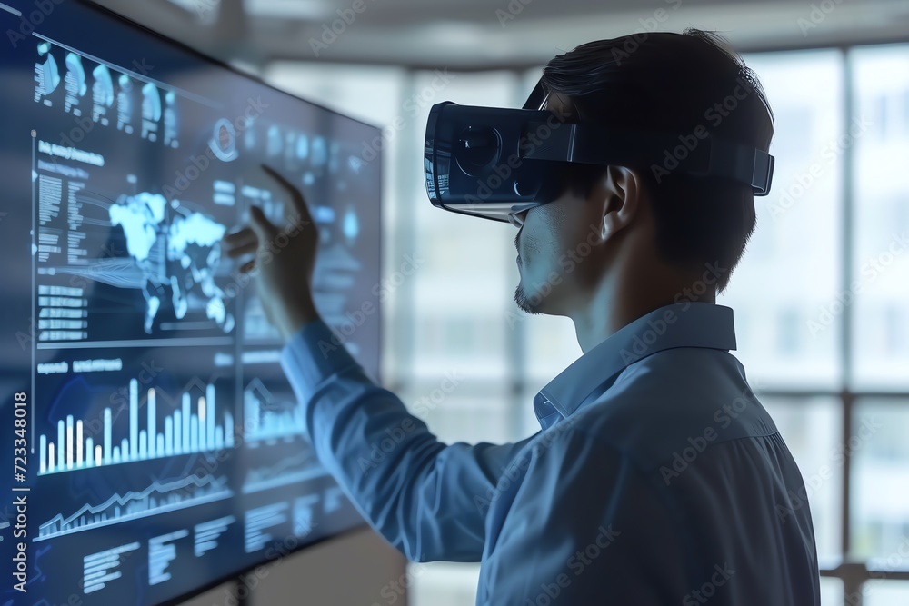 Businessman working on a computer, wearing virtual reality goggles, and watching TV in a digital office environment with technology, screens, and online communication