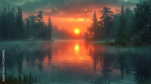  a large body of water with trees on both sides of it and a setting sun in the sky over the water and trees on the other side of the water.