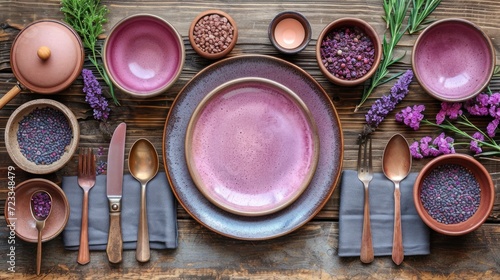  a table topped with plates and bowls filled with different types of purple foodstuffs and spoons next to purple flowers and a wooden table with purple plates and silverware. photo