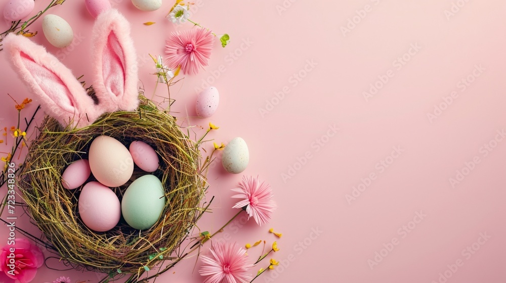 Easter poster and banner template with Easter eggs in the nest,cute bunny ears and copy space for text.Greetings and presents for Easter Day 