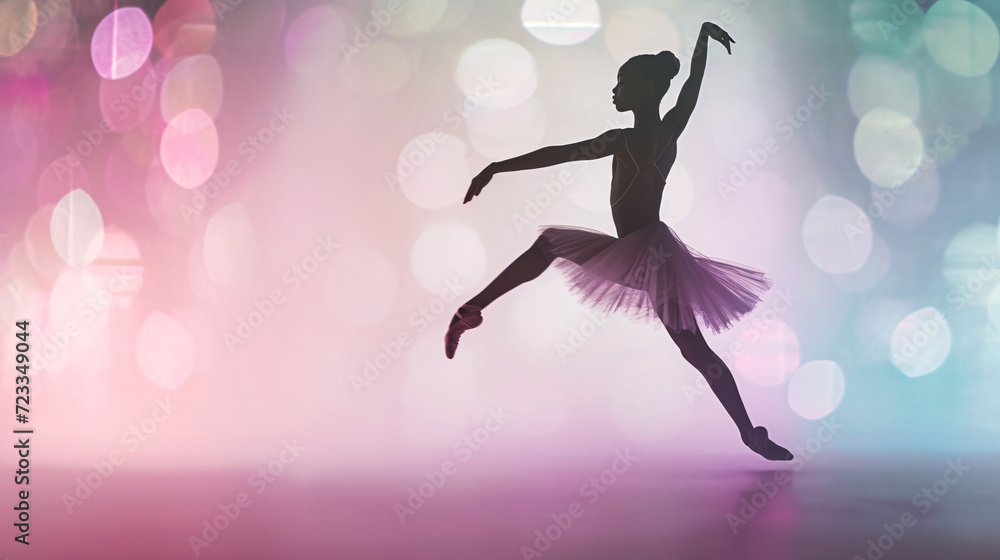 ballet dancer gracefully leaping against a backdrop of soft, pastel hues