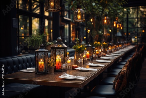 A beautiful luxury restaurant inviting decoration warm lighting