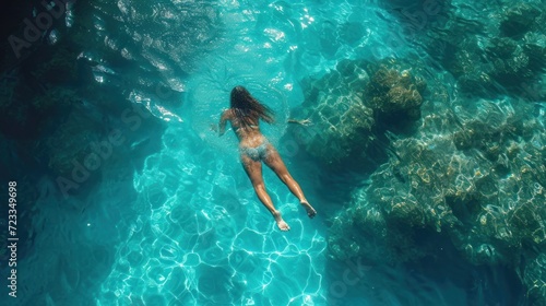  a woman is swimming in the clear blue water of a body of water with rocks on the side of the water and rocks on the other side of the water.