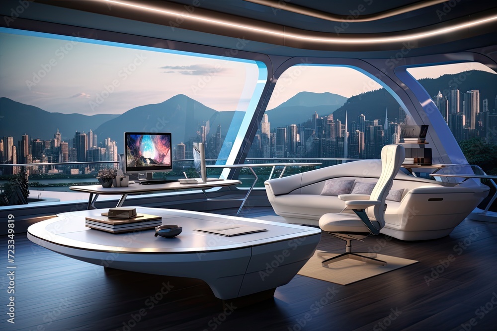 Fototapeta premium Modern home office with futuristic design with high-tech automated furniture
