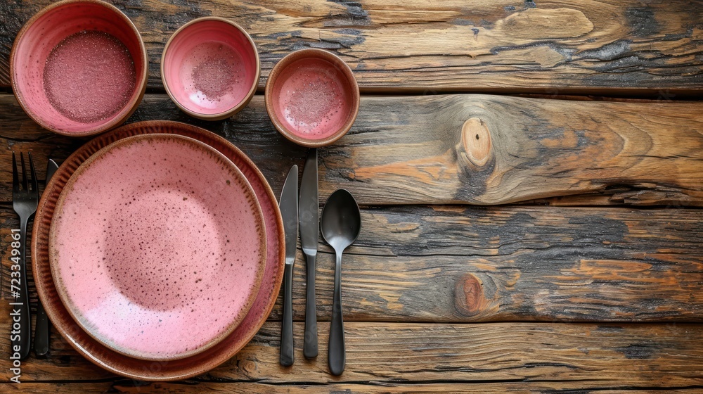 a close up of a plate of food with utensils and spoons on a wooden table next to utensils and a cup with a spoon on it. a close up of a plate of food with utensils and spoons on a wooden table next to utensils and a cup with a spoon on it.