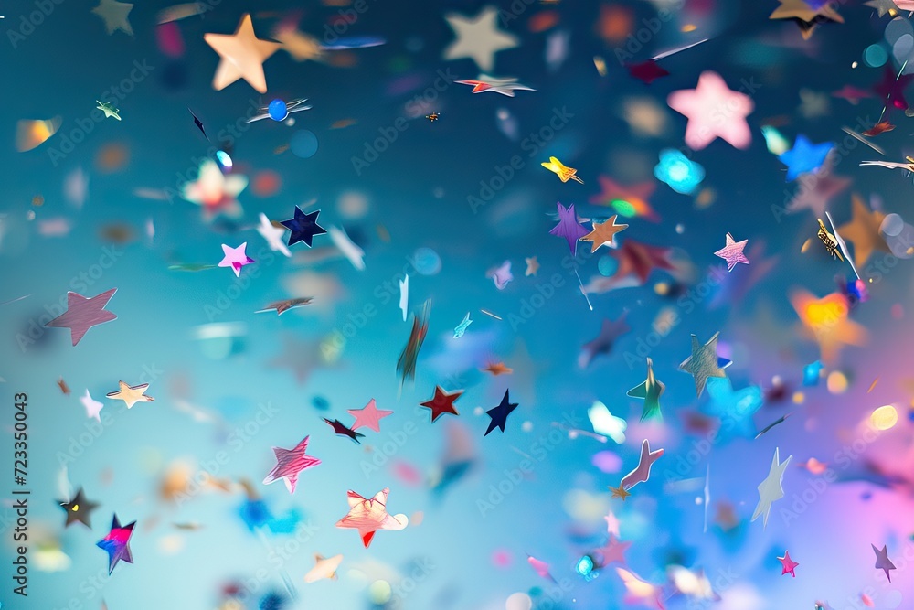A burst of star-shaped confetti in various sizes