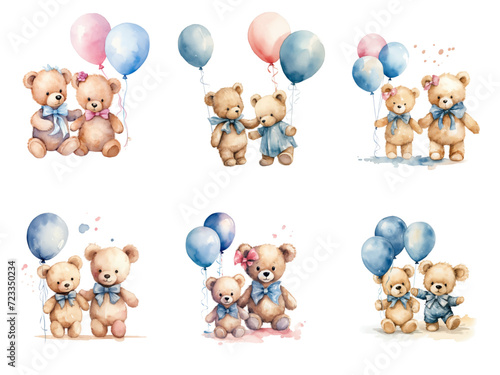 set of watercolor cute children's watercolor bears toys with blue and pink bows and balls