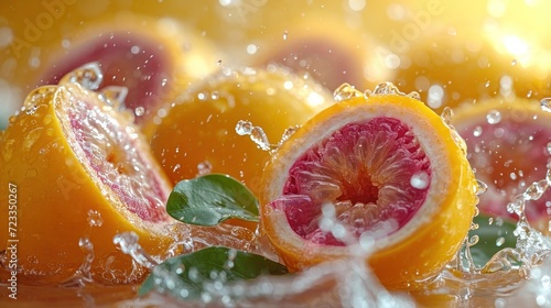  a close up of a grapefruit cut in half with water splashing on it and green leaves on the top of the grapefruit and on the side.