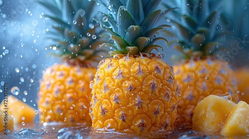  a group of pineapples sitting on top of a table next to a pile of lemons and a slice of pineapple on top of another pineapple.
