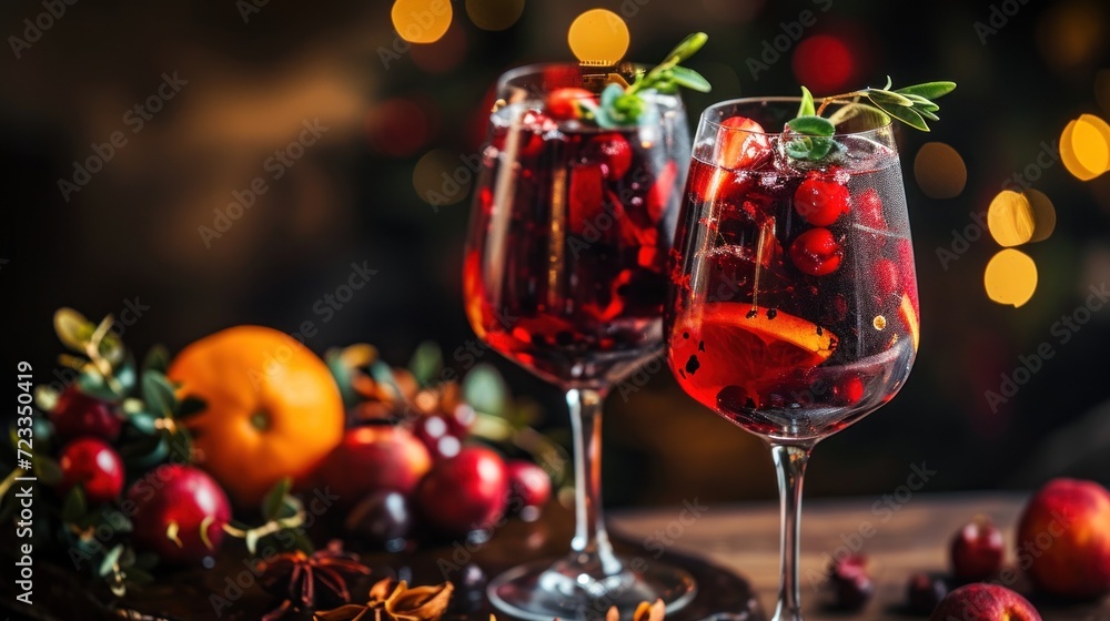 two wine glasses filled with red wine and garnished with berries on a table with other fruit and vegetables on the table and a boke of lights in the background. two wine glasses filled with red wine and garnished with berries on a table with other fruit and vegetables on the table and a boke of lights in the background.