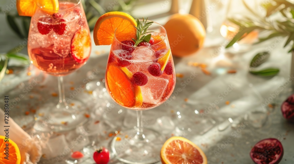 a close up of two wine glasses filled with drinks and garnished with garnishes and garnished with oranges and pomegranates. a close up of two wine glasses filled with drinks and garnished with garnishes and garnished with oranges and pomegranates.