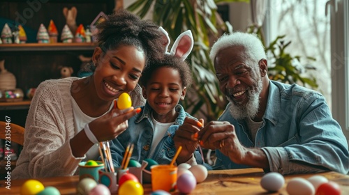 Portrait of happy african american siblings and grandparents in bunny ears painting easter eggs. unaltered, lifestyle, easter day, art, celebration, family, cultures and holiday concept photo