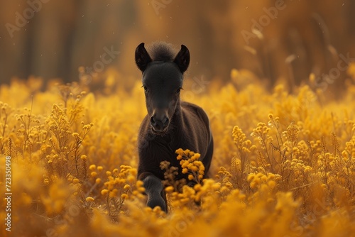 A majestic horse stands tall in a sea of vibrant yellow flowers, its brown coat blending seamlessly with the surrounding grass as it runs through the picturesque field © Larisa AI