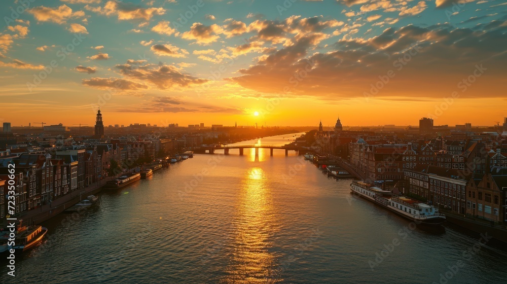  the sun is setting over a city with a river running between it and a bridge on the other side of the river, with boats on the other side of the river.