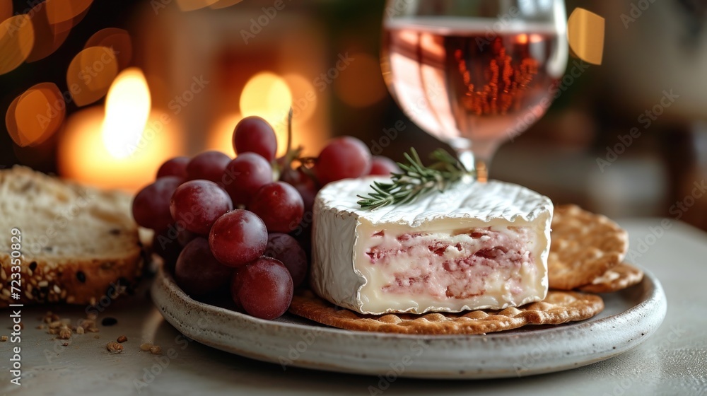  a close up of a plate of food with a glass of wine and a plate of cheese and grapes on a table next to a candle lit up with lights in the background.