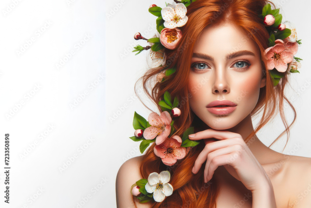 picture of attractive redhead woman model symbolizing spring with blooming flowers. ai generative picture of attractive redhead woman model symbolizing spring with blooming flowers. ai generative