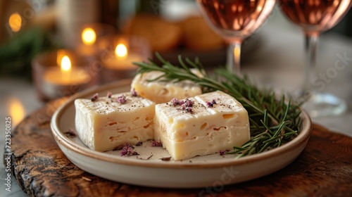  three pieces of cheese on a plate with a sprig of rosemary in front of two glasses of wine on a table with candles and a wooden cutting board.
