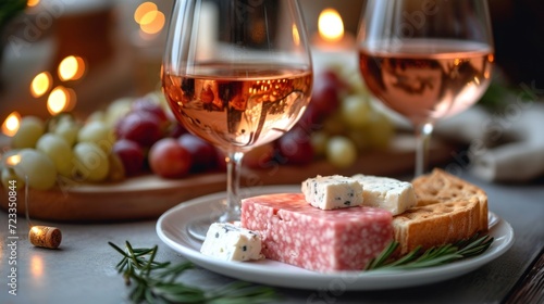 a couple of glasses of wine sitting on top of a table next to a plate with cheese and crackers on it and a bunch of grapes in the background.