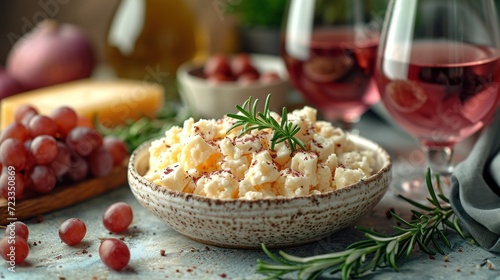  a close up of a bowl of food next to a glass of wine and a plate of cheese and grapes on a table with other food and wine glasses in the background.