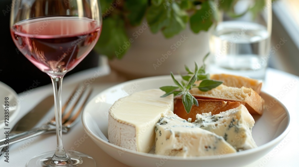 a plate of cheese, crackers, and a glass of wine on a table with a potted plant and a glass of wine glass of wine in the background. a plate of cheese, crackers, and a glass of wine on a table with a potted plant and a glass of wine glass of wine in the background.