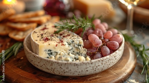  a plate of cheese, crackers, and grapes on a wooden platter with a glass of wine and crackers on the side of the plate in the background.