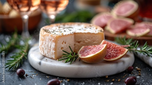  a close up of a piece of cheese on a plate with a slice of grapefruit next to it and a glass of wine on a table with other food and utensils.