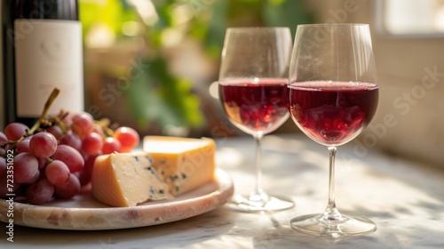  two glasses of wine and a plate of cheese and grapes on a table with a bottle of wine and a plate of cheese and grapes on a table with grapes.