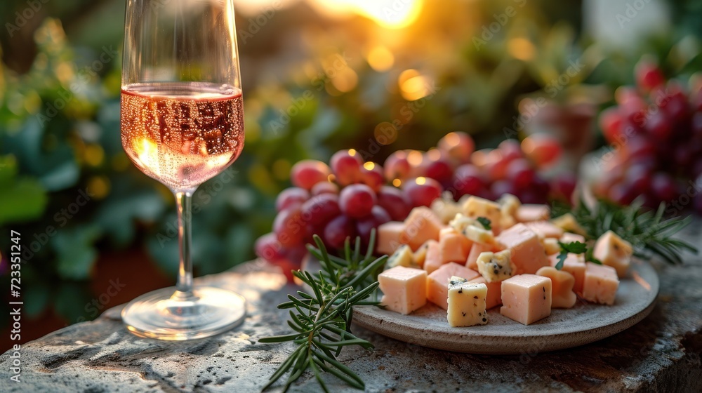  a close up of a plate of food with a glass of wine on the side of a table with grapes and cheese on a plate and a glass of wine on the side.