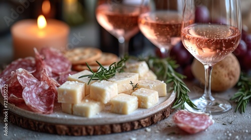  a close up of a plate of food next to a glass of wine and a plate of food with cheese, meat and crackers on a table with a candle in the background.