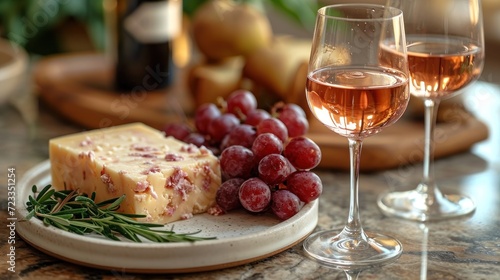  two glasses of wine and a piece of cheese on a plate with grapes and a rosemary sprig next to it on a marble table with bread and cheese.