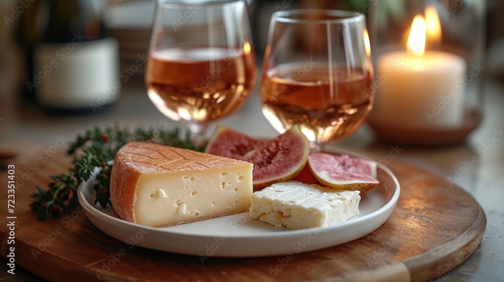  two glasses of wine and a plate of cheese and figs on a table with a candle and a plate of cheese and figurines on a wooden board.