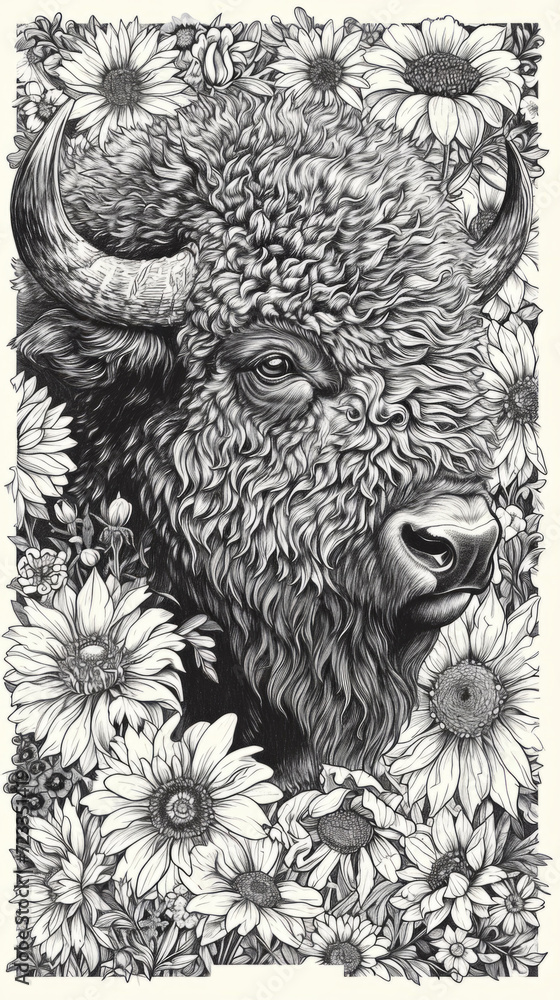 Fototapeta premium A drawing of a buffalo surrounded by sunflowers