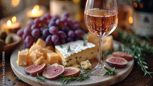  a close up of a plate of food with a glass of wine and a plate of cheese and figs on a table with candles and candles in the background.