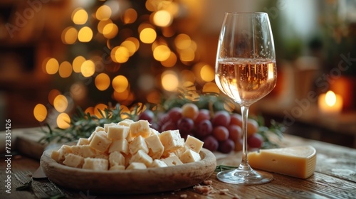  a glass of wine next to a plate of cheese and crackers on a wooden table with a lit christmas tree in the backgrouund of the background.