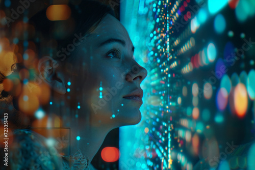 Young woman looking at the big data screen with binary code on it