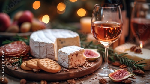  a close up of a plate of food with a glass of wine and a plate of cheese and crackers next to a glass of wine and a bunch of fruit.