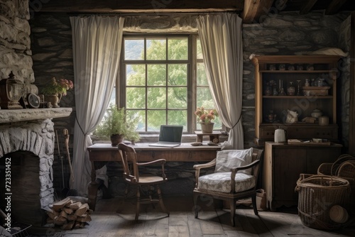 Rustic home office with wooden beams, antique furniture a stone fireplace