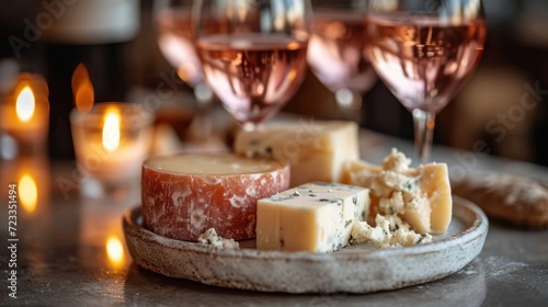  a plate of cheese, crackers, and wine glasses on a table with candles and candlesticks in the background in a dark room with a lot of lights.