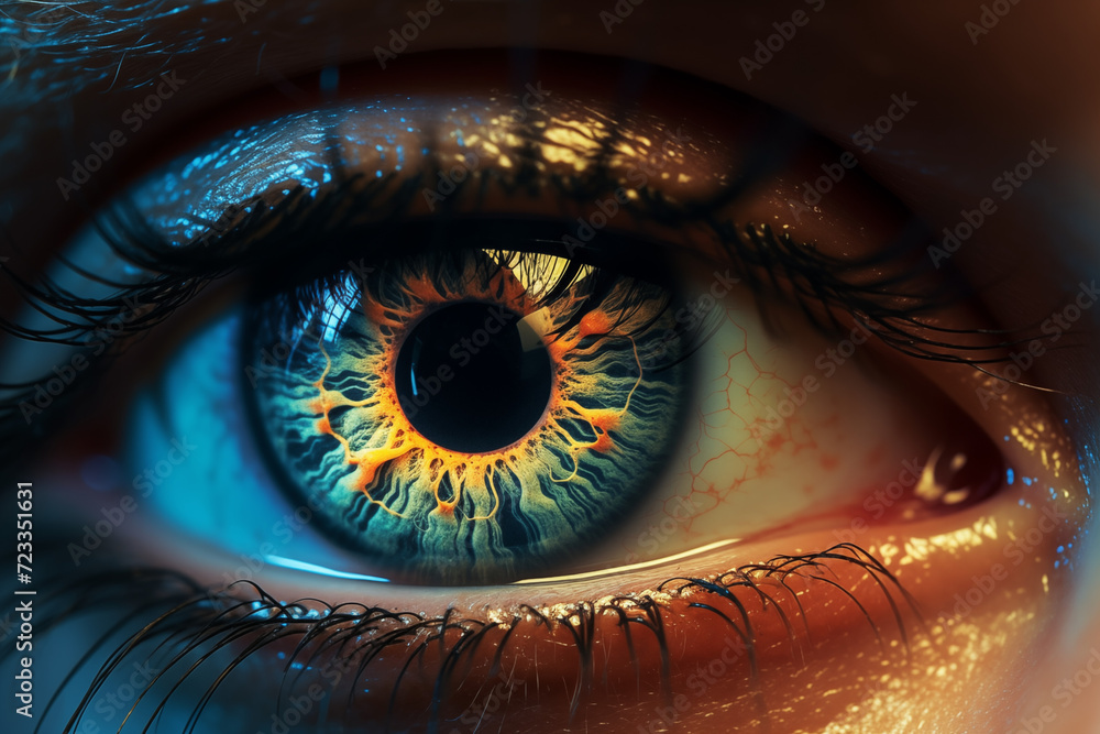 Fototapeta premium Close Up Aufnahme einer Iris, Auge einer Frau mit glänzender und glühender Iris im warmen Sonnenlicht