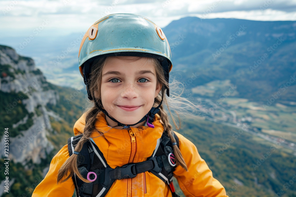 Portrait of a little girl in helmet on the background of mountains Portrait of a little girl in helmet on the background of mountains