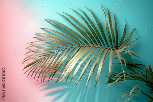 A vibrant palm branch stands out against a serene blue and pink backdrop  showcasing the resilience and beauty of nature s greenery