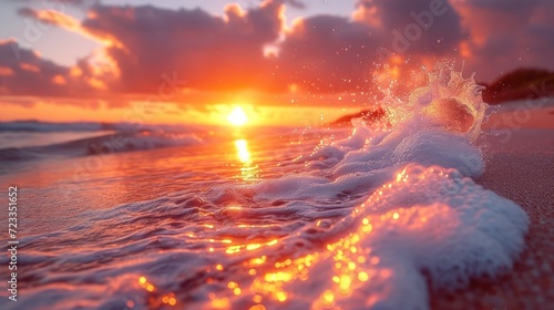  a close up of a wave on a beach with the sun setting in the background with clouds in the sky and water splashing on the sand and the ground.