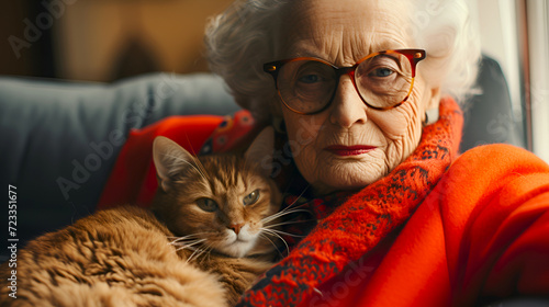 Stylish senior lady cuddling with her cat. Affectionate old woman in glasses embracing her pet. Elderly woman with cat, cozy indoors