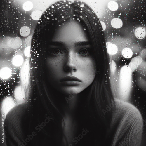 portrait sad woman through glass with raindrops. ai generative