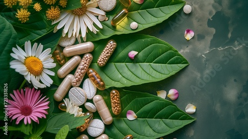 Assorted natural herbal and vitamin supplements carefully placed on vibrant green leaves, surrounded by wildflowers, embodying a holistic approach to health and wellness.