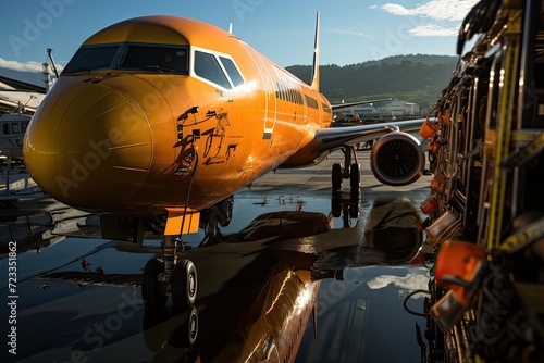 Airplane refueling at daytime with clear blue skies and sunlight backdrop